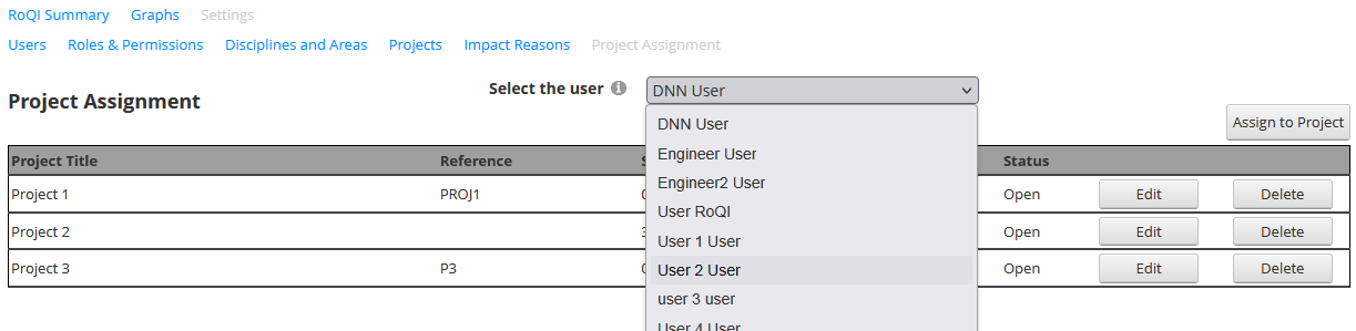 Settings - Project Assignment - Select User Settings - Project Assignment - Select User